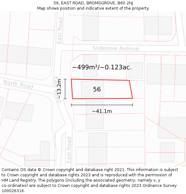 56, EAST ROAD, BROMSGROVE, B60 2NJ: Plot and title map