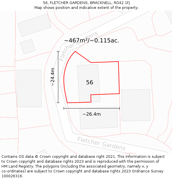 56, FLETCHER GARDENS, BRACKNELL, RG42 1FJ: Plot and title map