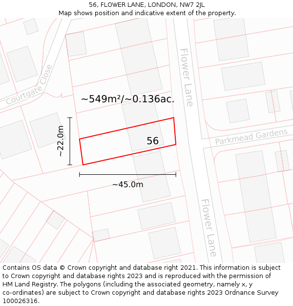56, FLOWER LANE, LONDON, NW7 2JL: Plot and title map