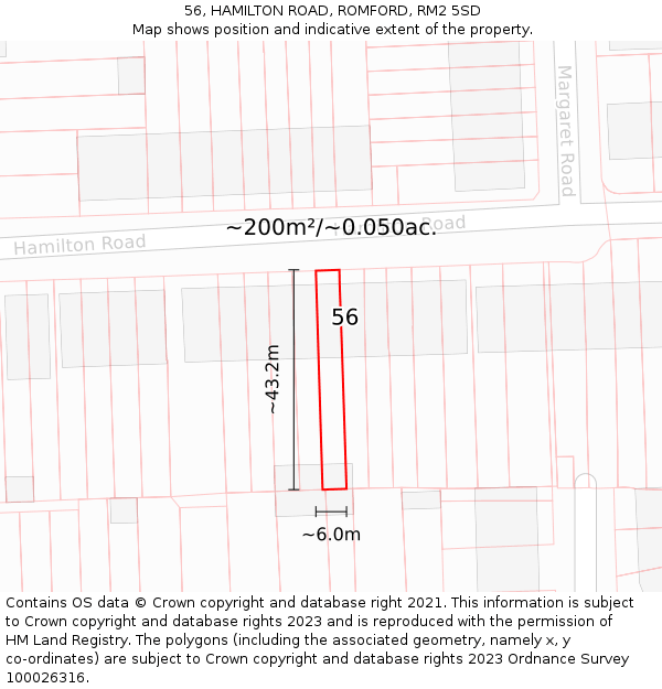 56, HAMILTON ROAD, ROMFORD, RM2 5SD: Plot and title map