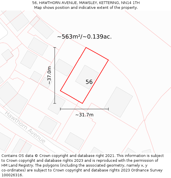 56, HAWTHORN AVENUE, MAWSLEY, KETTERING, NN14 1TH: Plot and title map