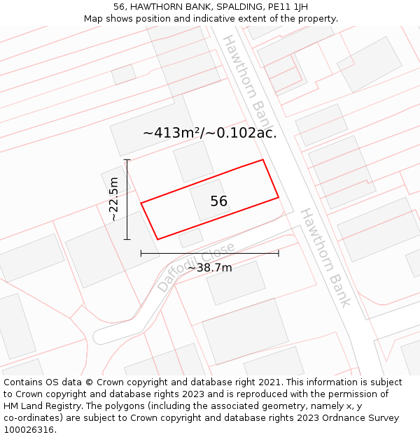 56, HAWTHORN BANK, SPALDING, PE11 1JH: Plot and title map