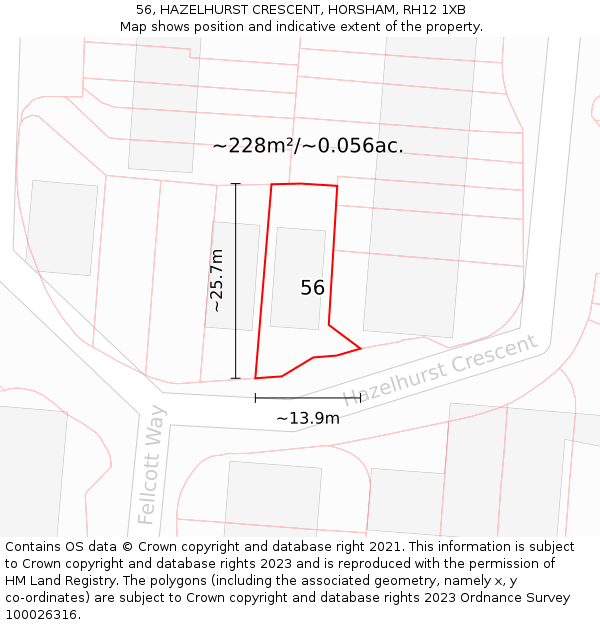 56, HAZELHURST CRESCENT, HORSHAM, RH12 1XB: Plot and title map