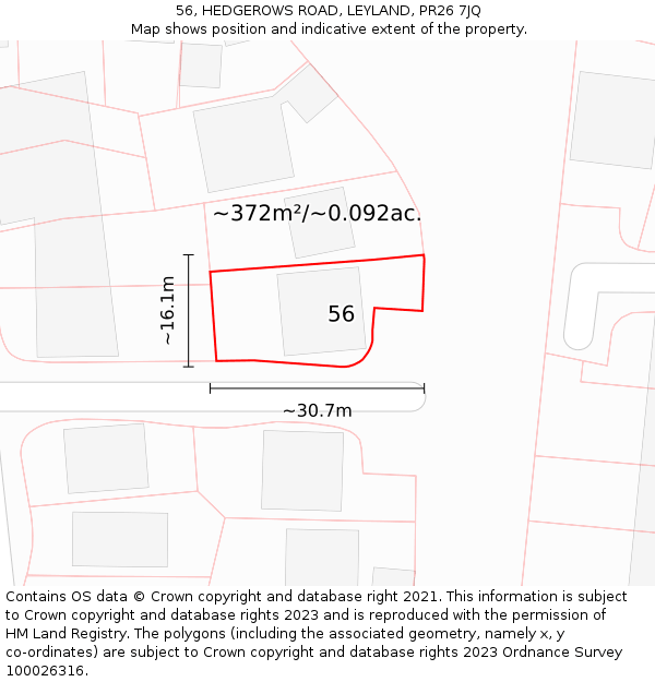 56, HEDGEROWS ROAD, LEYLAND, PR26 7JQ: Plot and title map