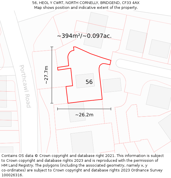 56, HEOL Y CWRT, NORTH CORNELLY, BRIDGEND, CF33 4AX: Plot and title map