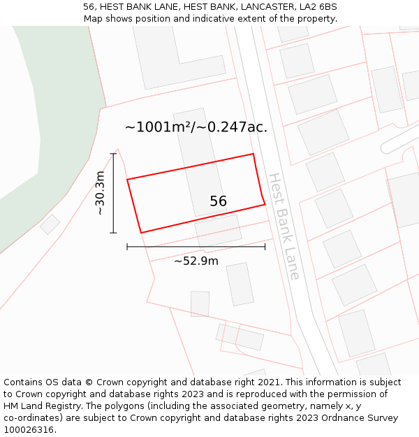 56, HEST BANK LANE, HEST BANK, LANCASTER, LA2 6BS: Plot and title map