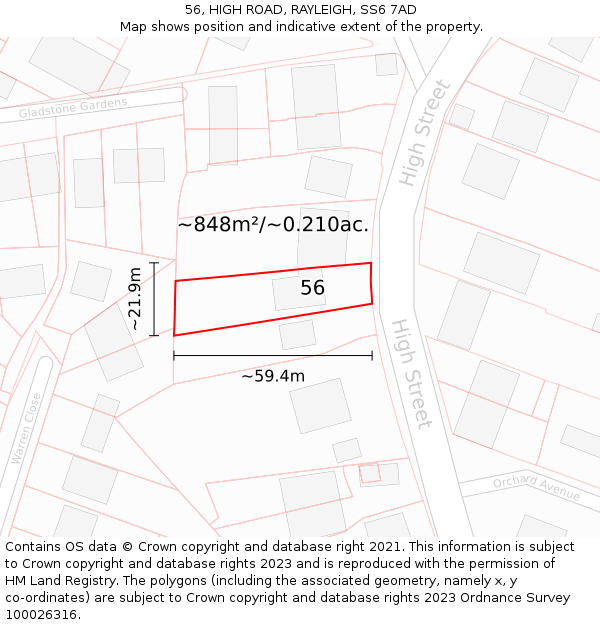 56, HIGH ROAD, RAYLEIGH, SS6 7AD: Plot and title map