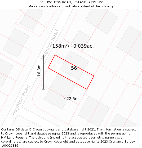 56, HOGHTON ROAD, LEYLAND, PR25 1XX: Plot and title map