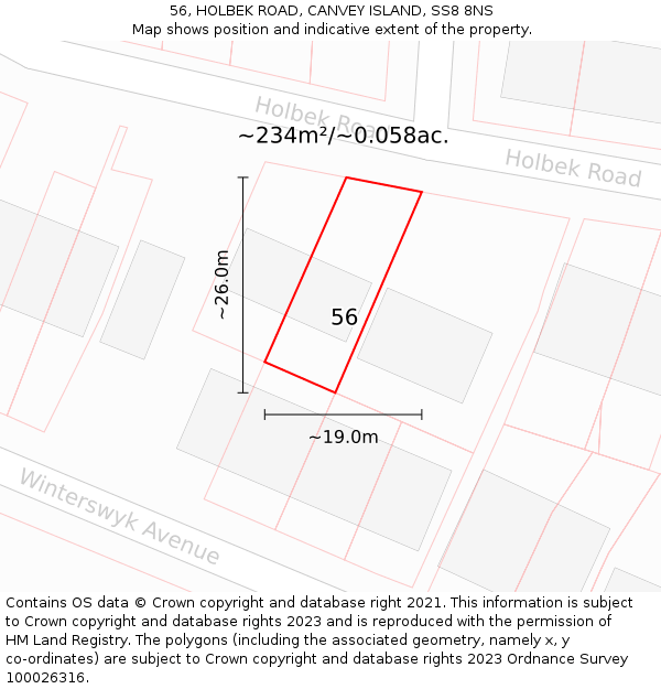 56, HOLBEK ROAD, CANVEY ISLAND, SS8 8NS: Plot and title map