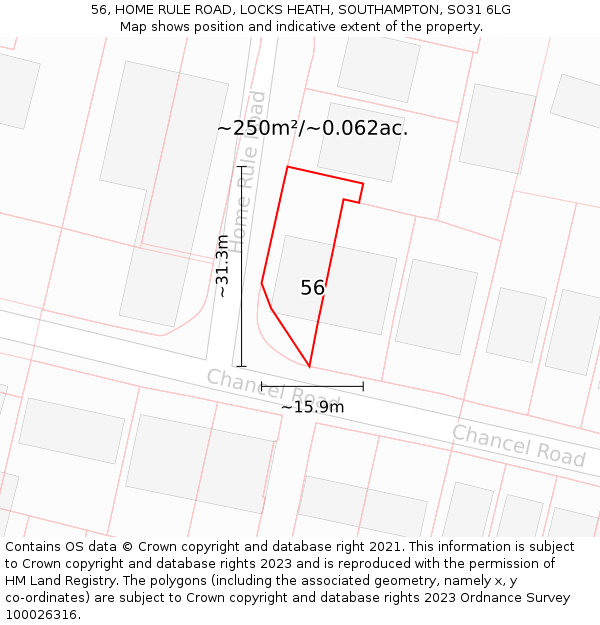 56, HOME RULE ROAD, LOCKS HEATH, SOUTHAMPTON, SO31 6LG: Plot and title map