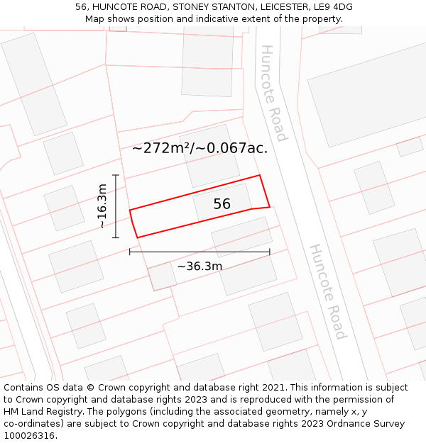 56, HUNCOTE ROAD, STONEY STANTON, LEICESTER, LE9 4DG: Plot and title map