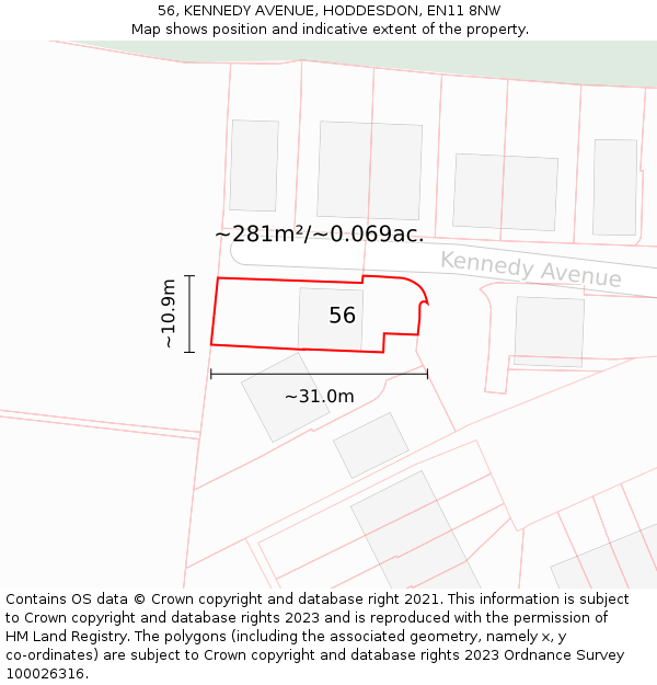 56, KENNEDY AVENUE, HODDESDON, EN11 8NW: Plot and title map