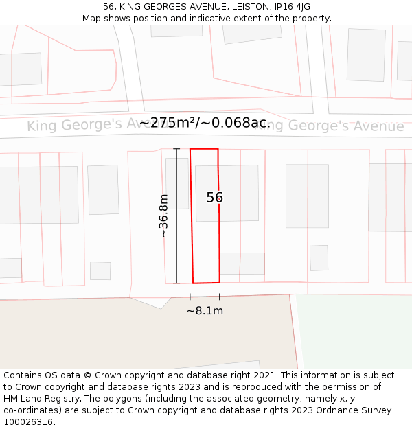 56, KING GEORGES AVENUE, LEISTON, IP16 4JG: Plot and title map