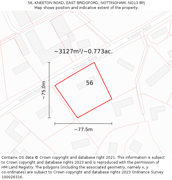 56, KNEETON ROAD, EAST BRIDGFORD, NOTTINGHAM, NG13 8PJ: Plot and title map