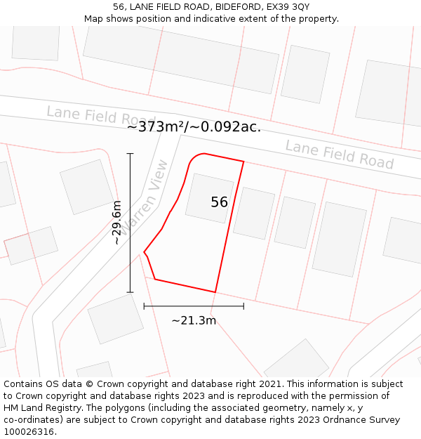 56, LANE FIELD ROAD, BIDEFORD, EX39 3QY: Plot and title map