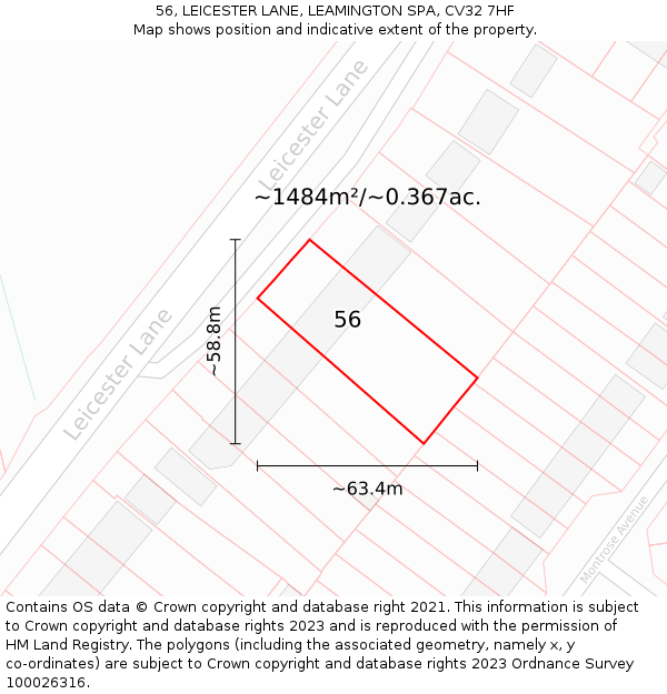 56, LEICESTER LANE, LEAMINGTON SPA, CV32 7HF: Plot and title map