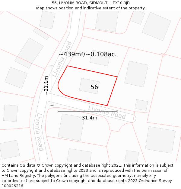 56, LIVONIA ROAD, SIDMOUTH, EX10 9JB: Plot and title map