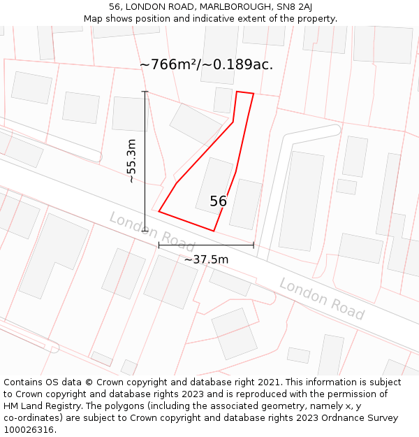 56, LONDON ROAD, MARLBOROUGH, SN8 2AJ: Plot and title map