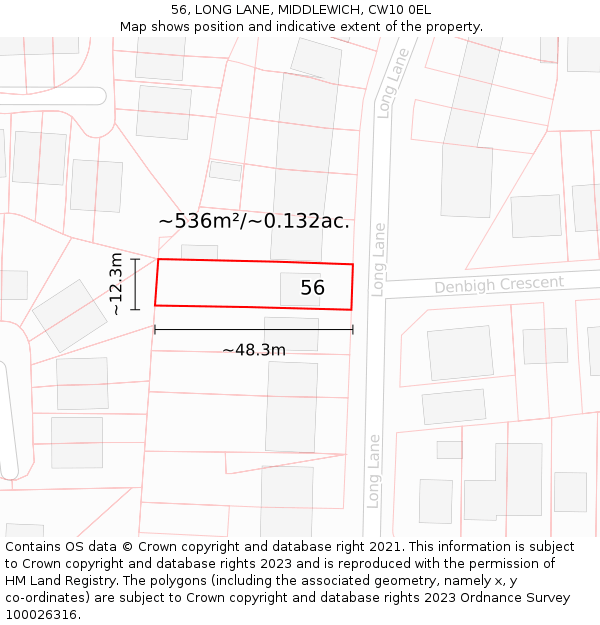 56, LONG LANE, MIDDLEWICH, CW10 0EL: Plot and title map