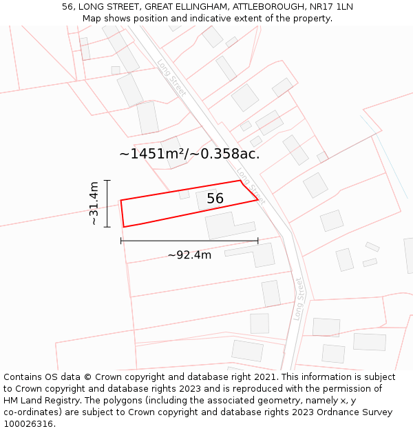 56, LONG STREET, GREAT ELLINGHAM, ATTLEBOROUGH, NR17 1LN: Plot and title map