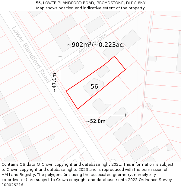 56, LOWER BLANDFORD ROAD, BROADSTONE, BH18 8NY: Plot and title map