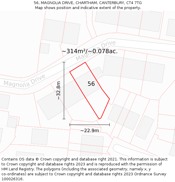 56, MAGNOLIA DRIVE, CHARTHAM, CANTERBURY, CT4 7TG: Plot and title map