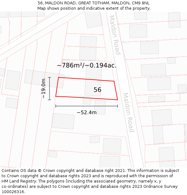 56, MALDON ROAD, GREAT TOTHAM, MALDON, CM9 8NL: Plot and title map