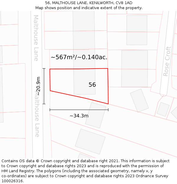 56, MALTHOUSE LANE, KENILWORTH, CV8 1AD: Plot and title map