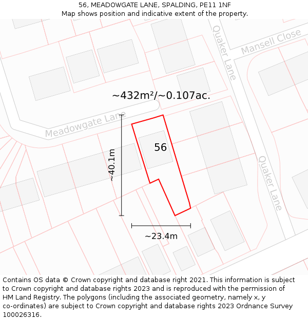 56, MEADOWGATE LANE, SPALDING, PE11 1NF: Plot and title map