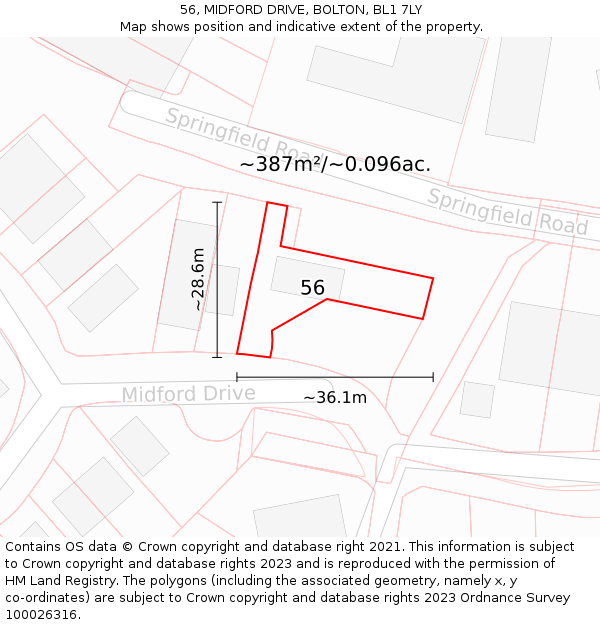 56, MIDFORD DRIVE, BOLTON, BL1 7LY: Plot and title map