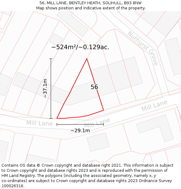 56, MILL LANE, BENTLEY HEATH, SOLIHULL, B93 8NW: Plot and title map