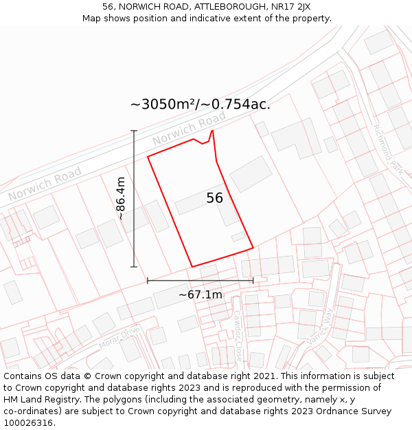 56, NORWICH ROAD, ATTLEBOROUGH, NR17 2JX: Plot and title map