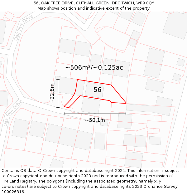 56, OAK TREE DRIVE, CUTNALL GREEN, DROITWICH, WR9 0QY: Plot and title map
