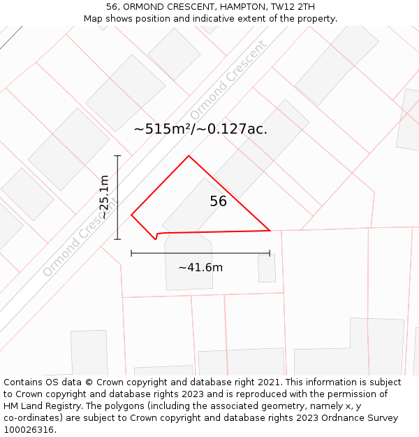 56, ORMOND CRESCENT, HAMPTON, TW12 2TH: Plot and title map