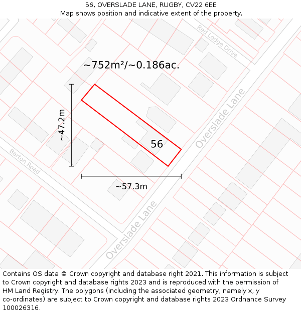 56, OVERSLADE LANE, RUGBY, CV22 6EE: Plot and title map