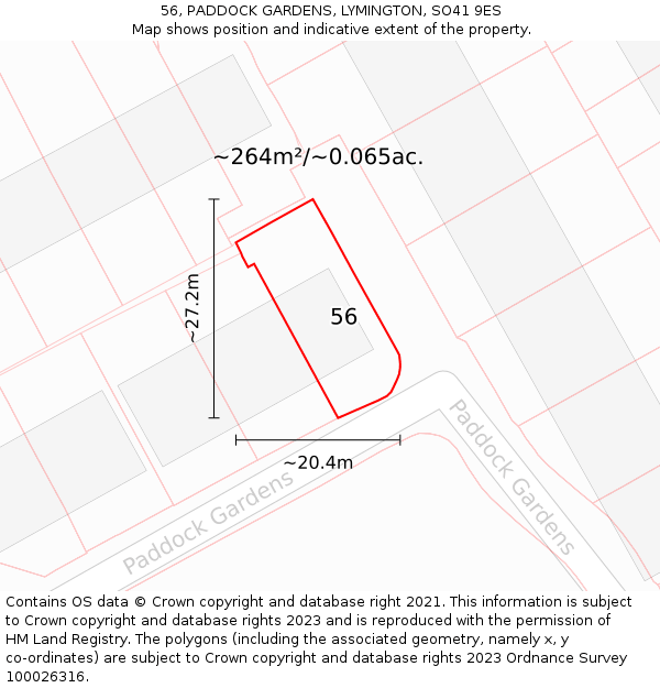 56, PADDOCK GARDENS, LYMINGTON, SO41 9ES: Plot and title map