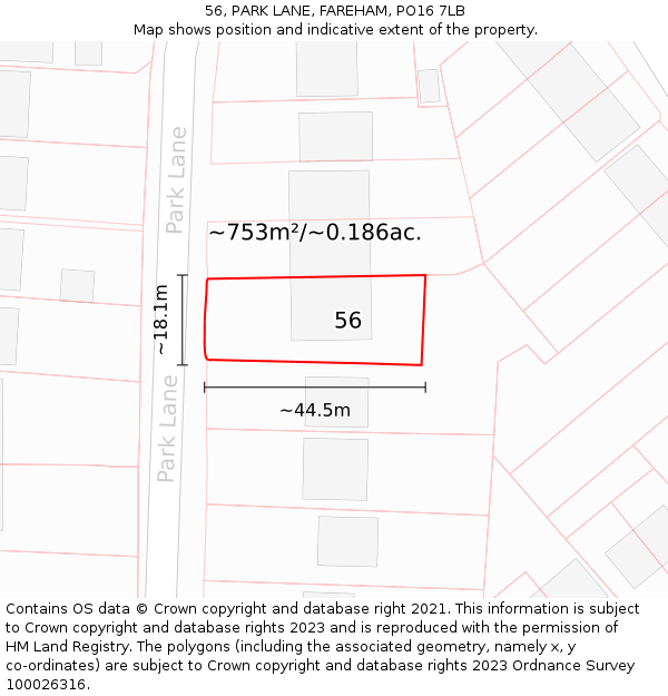 56, PARK LANE, FAREHAM, PO16 7LB: Plot and title map