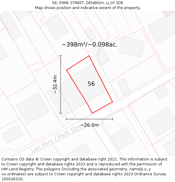 56, PARK STREET, DENBIGH, LL16 3DE: Plot and title map