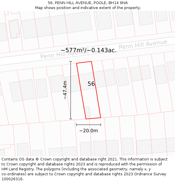 56, PENN HILL AVENUE, POOLE, BH14 9NA: Plot and title map