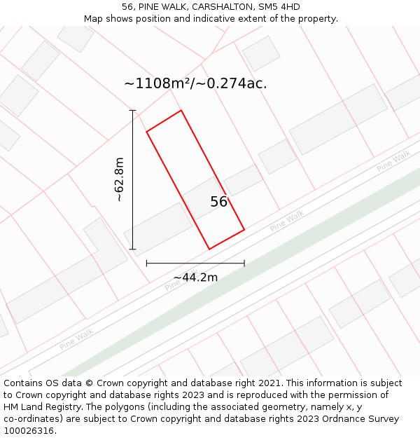 56, PINE WALK, CARSHALTON, SM5 4HD: Plot and title map