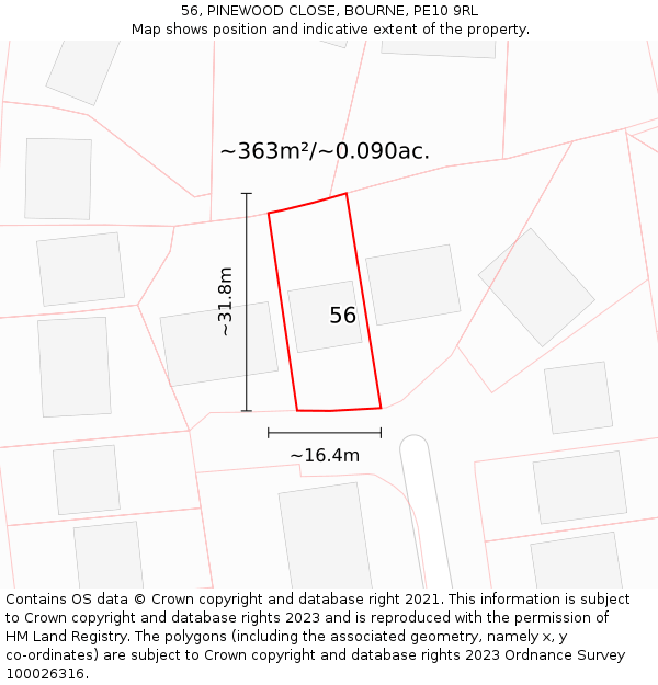 56, PINEWOOD CLOSE, BOURNE, PE10 9RL: Plot and title map