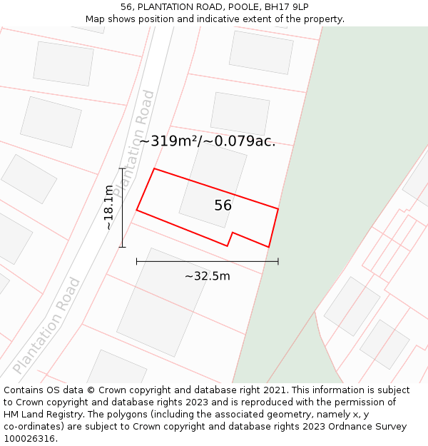 56, PLANTATION ROAD, POOLE, BH17 9LP: Plot and title map