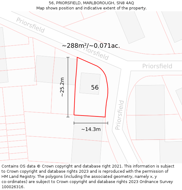 56, PRIORSFIELD, MARLBOROUGH, SN8 4AQ: Plot and title map