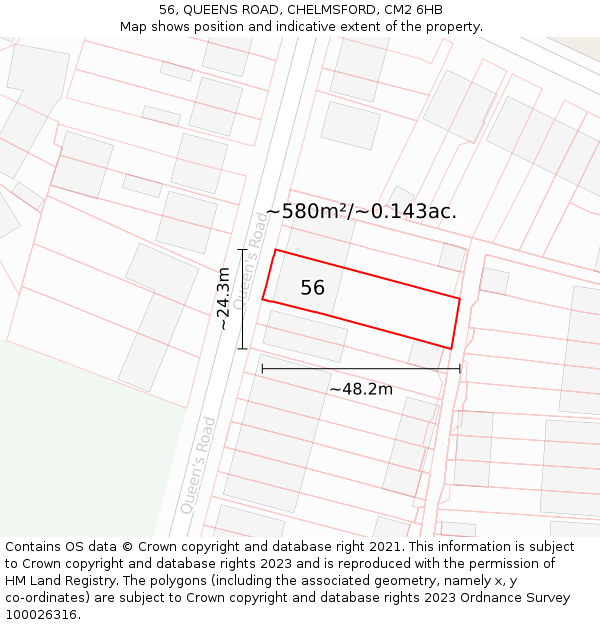 56, QUEENS ROAD, CHELMSFORD, CM2 6HB: Plot and title map