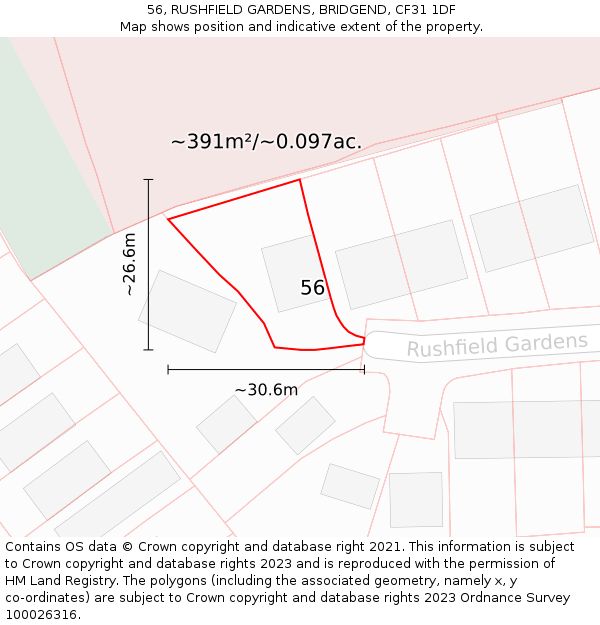 56, RUSHFIELD GARDENS, BRIDGEND, CF31 1DF: Plot and title map