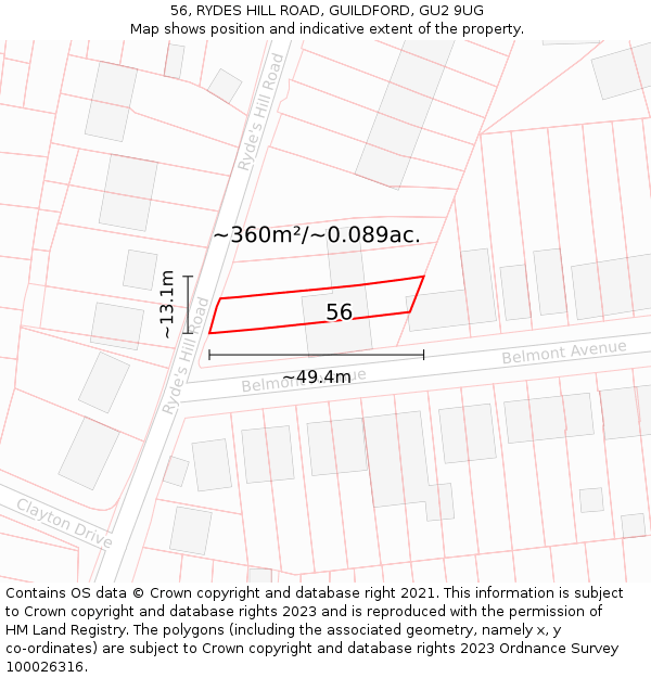 56, RYDES HILL ROAD, GUILDFORD, GU2 9UG: Plot and title map