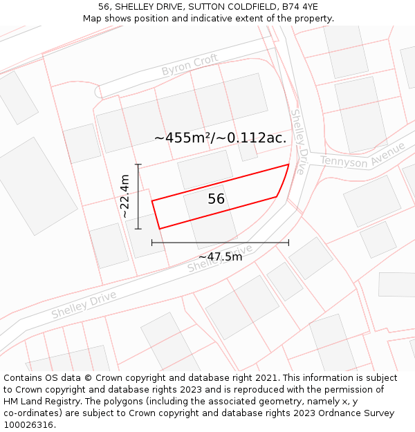 56, SHELLEY DRIVE, SUTTON COLDFIELD, B74 4YE: Plot and title map