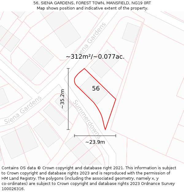 56, SIENA GARDENS, FOREST TOWN, MANSFIELD, NG19 0RT: Plot and title map