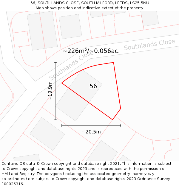 56, SOUTHLANDS CLOSE, SOUTH MILFORD, LEEDS, LS25 5NU: Plot and title map