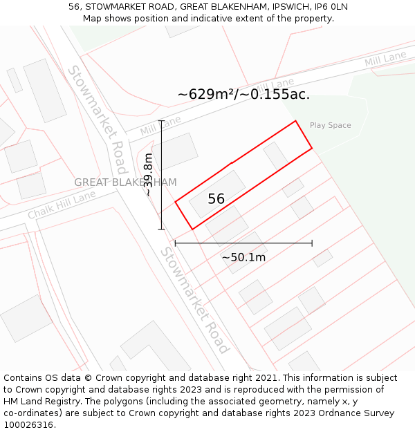 56, STOWMARKET ROAD, GREAT BLAKENHAM, IPSWICH, IP6 0LN: Plot and title map